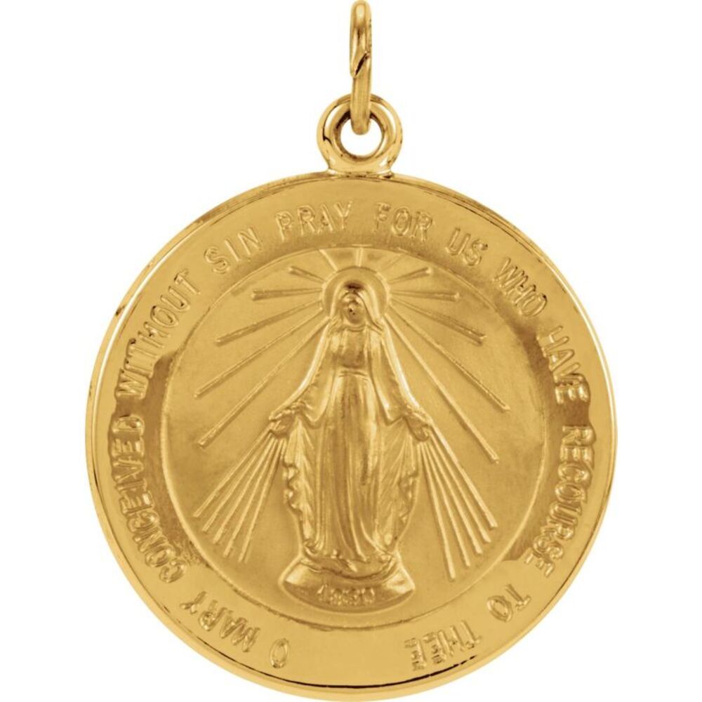 14k Yellow Gold Round Miraculous Medal Pendant, 20mm (3/4 Inch)